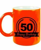 Happy birthday 50 years cadeau mok beker neon oranje met wimpel 330 ml