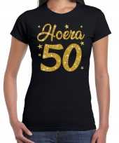 Hoera 50 jaar verjaardag cadeau t-shirt goud glitter op zwart dames