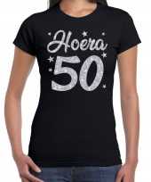 Hoera 50 jaar verjaardag cadeau t shirt zilver glitter op zwart dames